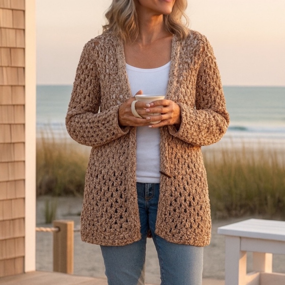 SIGRID OLSEN Silk Blend Long Cardigan Sweater Coastal Hand Knit Tan Toggles Sz M